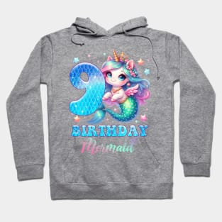 Unicorn Mermaid 9th Birthday 9 Year Old Party Girls B-day Gift For Girls Kids Hoodie